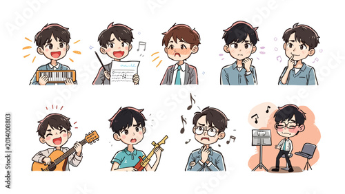 Quadro em tela Music Enthusiast's Expression: A collection of various expressive portraits of musician, capturing the essence of music, each portrait displays unique and vibrant emotion with music elements