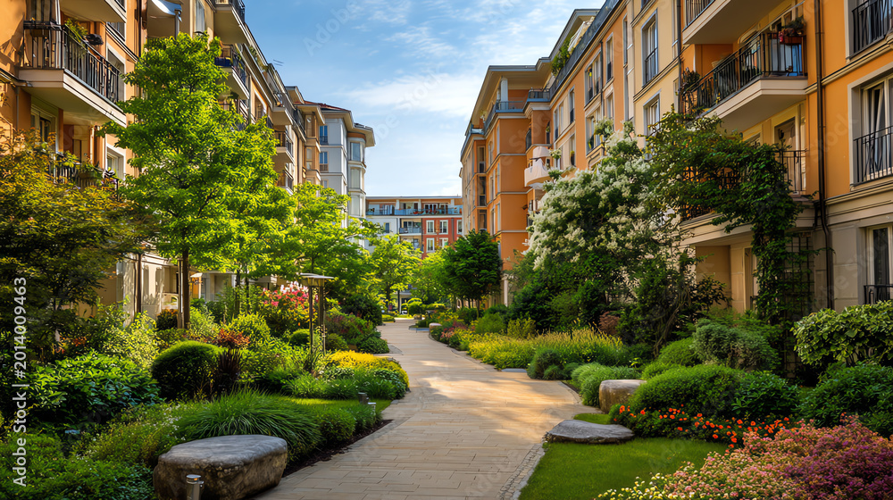 Fototapeta premium A serene walkway surrounded by lush green gardens and modern apartment buildings under a clear blue sky.