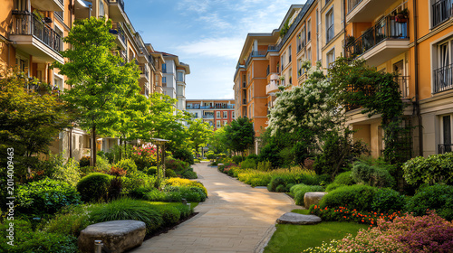 A serene walkway surrounded by lush green gardens and modern apartment buildings under a clear blue sky.
