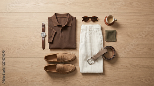 Flat lay of men's summer fashion outfit with polo and linen trousers