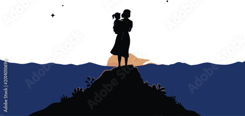 Fotografía Couple embracing silhouette against ocean and sky landscape