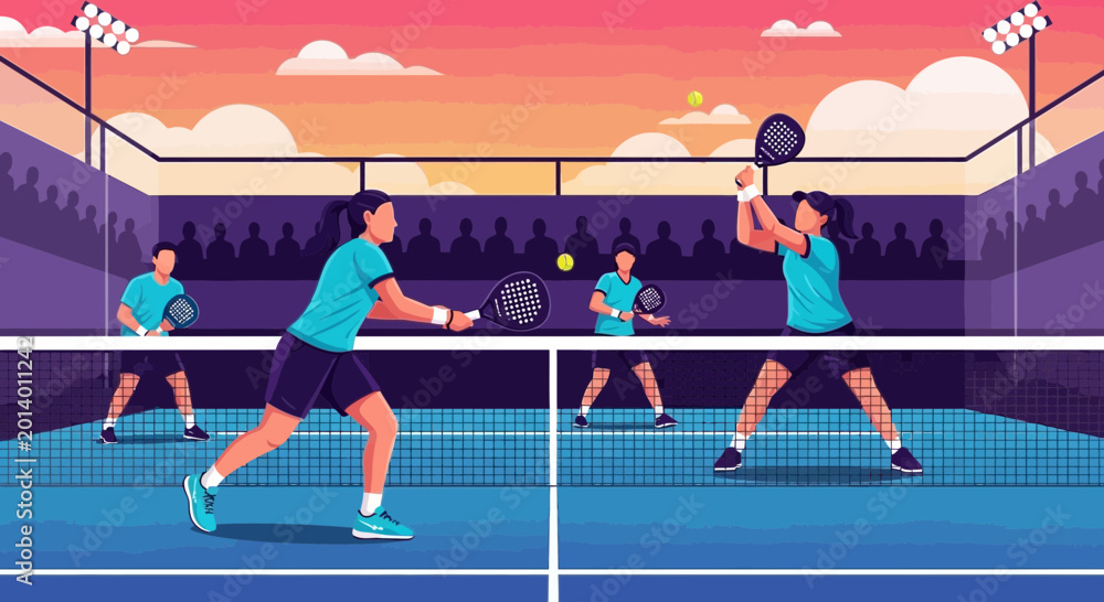 Obraz premium Dynamic Padel Match Illustration Depicting Players Action, Court, and Spectators, Vector Art