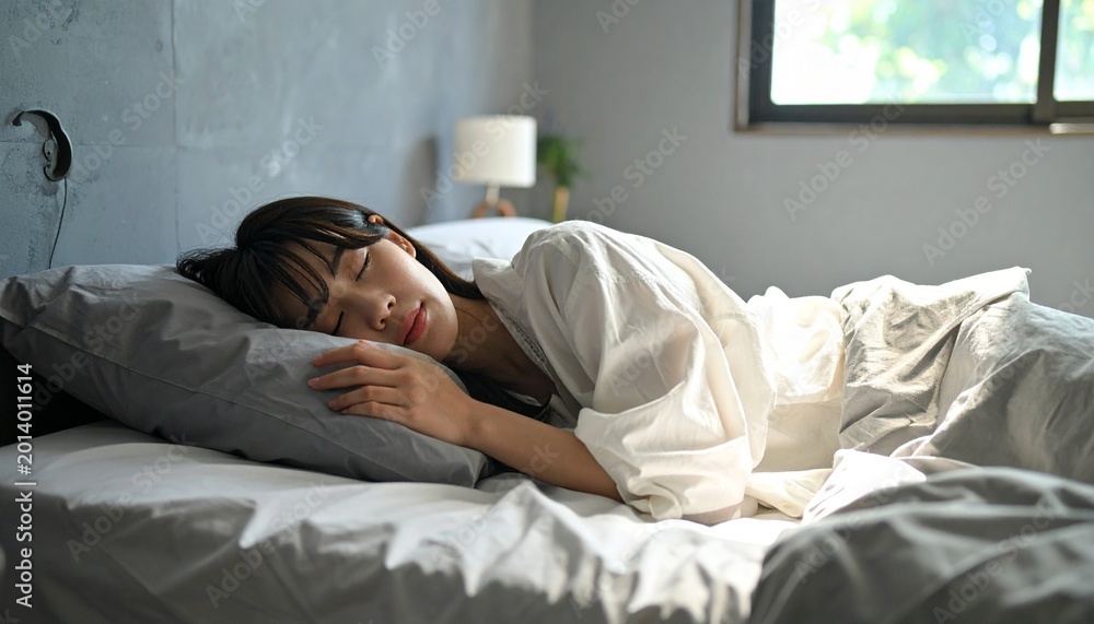 Obraz premium 朝の光差し込む落ち着いた寝室でグレーのシーツに包まれて安らかに眠る日本人女性