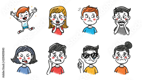 Fotografie Emotional Expressions: A compilation of drawings showcasing an array of human emotions