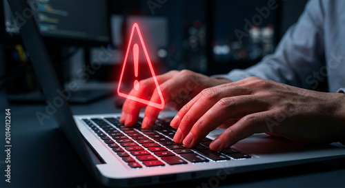 暗いオフィスでノートパソコンのキーボードを打つ手の近くに赤い警告三角マークが浮かぶ