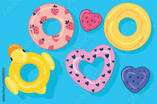 A set of rubber inflatable rings for a summer pool. A set of lifebuoys for swimming on a blue background. Inflatable rubber toy for water and beach. Professional vector