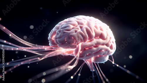 Artificial intelligence. Neuron network. A detailed, highresolution digital artwork depicts a human brain rendered in a realistic style. The brain is the main subject.
