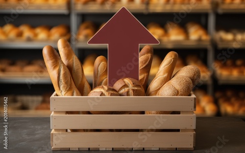 Bread Crate with Upward Arrow Showing Bakery Product Inflation and Rising Food Prices Concept
