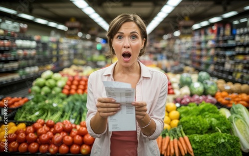 Shocked Woman Reading Grocery Receipt in Supermarket During Food Inflation and Rising Prices Crisis