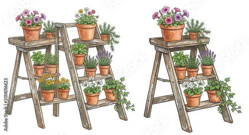 Watercolor Rustic Stepladder with Potted Plants