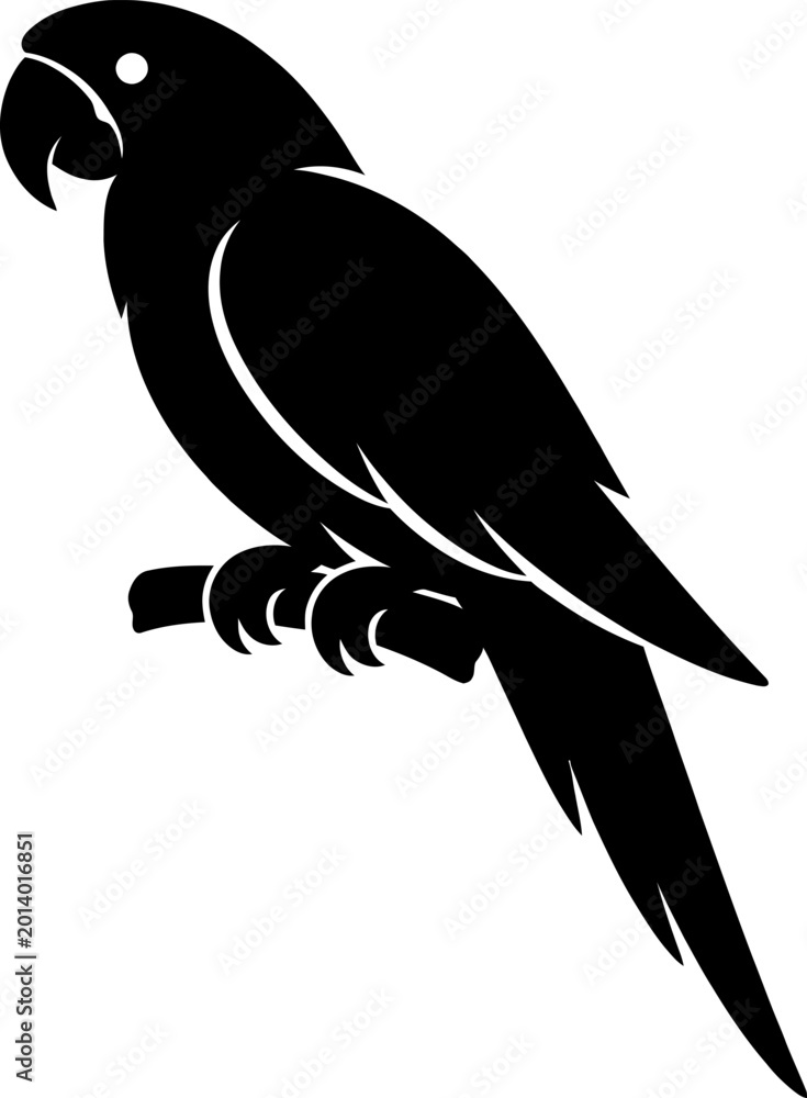 Fototapeta premium A black parrot perches on a branch looking sideways in a vector graphic illustration.