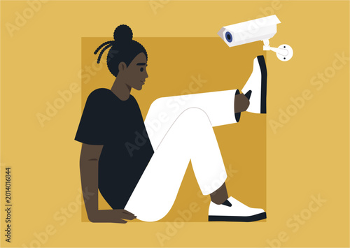 Foto Character sits on the ground in casual attire, feeling the weight of being observed by a CCTV camera overhead, This scene captures the tension of privacy loss in a contemporary world