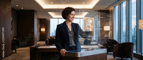 Businesswoman interacting with a transparent futuristic display in a modern office lobby during the day
