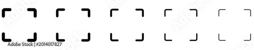A set of focus frame or scan area line icons featured in five different stroke weights. Vector illustration for indicating camera focus, image capture, or data reading areas.