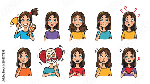 Bild auf Leinwand Emotional Spectrum: A delightful collection of illustrations showcasing a young girl expressing a variety of emotions, from pure joy to perplexed confusion