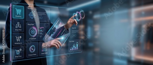 Person interacting with a futuristic holographic interface displaying retail analytics and shopping icons during a store visit