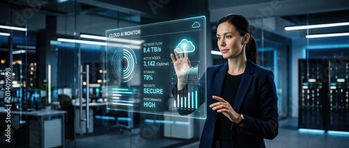 Woman interacting with futuristic holographic cloud data interface in a modern server room