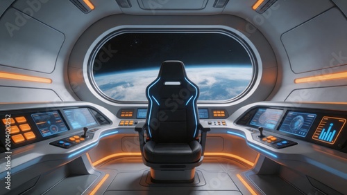 Futuristic spaceship cockpit with Earth view