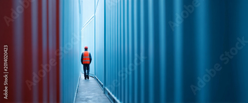 Worker walking between shipping containers