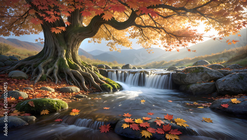 Stunning view nature landscape in autumn season with clear river stream, a big  maple trees and orange leaves foliage on the ground in the morning