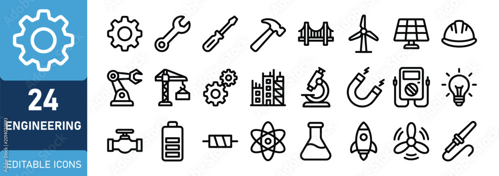 Naklejka premium Engineering icons set 24 line icons for technical designs and industrial concepts