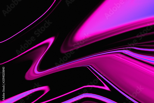 Vibrant pink and purple neon light waves on a black background with abstract shapes and curves