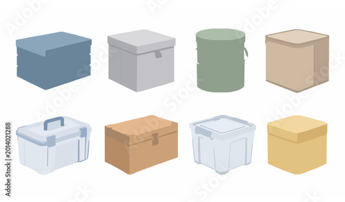 Modern storage boxes with lids and handles eight type vector illustration collection