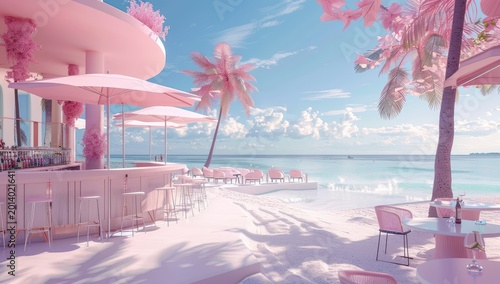 Pink beach cafe, ocean view, summer scene for tourism advertisement background