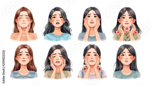 Canvastavla A Spectrum of Emotions: An illustrated set of watercolor portraits, each one depicting a unique emotional state, exploring the subtleties of human feeling
