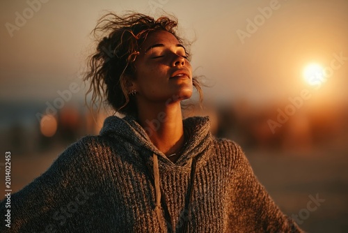 Woman stretching arms beneath clear sky during outdoor yoga session