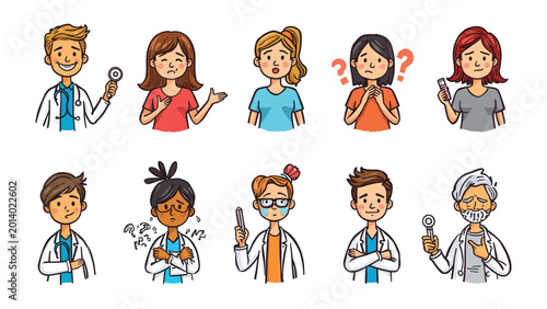 Fotografía Health Check-up: This illustration captures a variety of individuals and medical personnel, each holding a medical tool in hand
