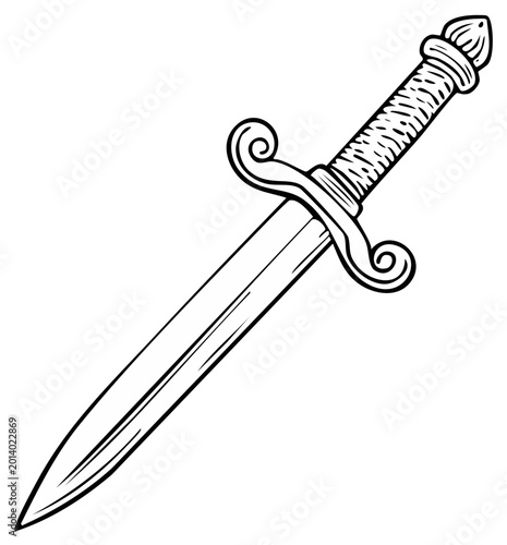 Hand drawn medieval dagger illustration black and white line art of a fantasy short sword