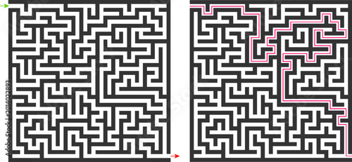 Vector illustration of maze puzzle with highlighted solution path in black and white style. Concept of problem solving, navigation, strategy, logical thinking, and successful decision making