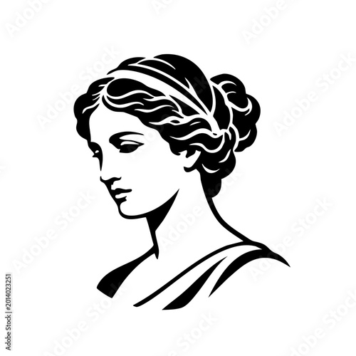 Elegant classical woman head profile vector illustration, black and white monochrome female bust in ancient Greek or Roman style with elaborate updo hair.