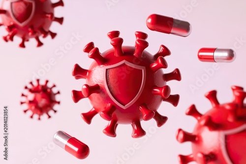 virus floating with shield symbol. Drug resistant disease