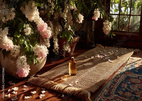 Woven yoga mat adorned with natural garlands in early morning light