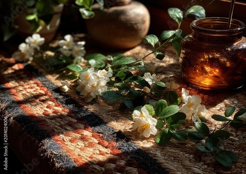 Woven yoga mat adorned with natural garlands in early morning light