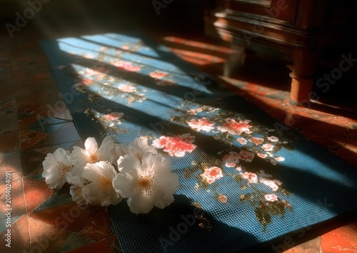 Woven yoga mat decorated with flowers, illuminated by soft morning light for peaceful yoga symbolism