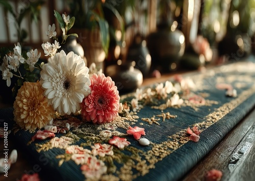 Woven yoga mat decorated with flowers, illuminated by soft morning light for peaceful yoga symbolism