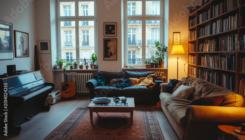  Apartamento real elegante con gran biblioteca, piano y sala luminosa de estilo clásico contemporáneo.