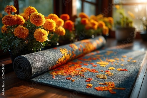 Woven yoga mat with marigold flowers illuminated by morning light for International Yoga Day