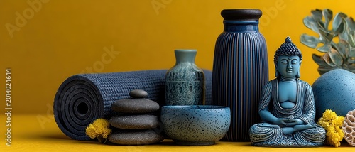 Yellow background with a set of blue yoga items arranged for yoga celebration