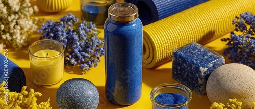Yellow background with a set of blue yoga items arranged for yoga celebration