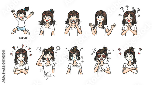 Foto Expressive Cartoon Girl: A series of vibrant illustrations showcases a cheerful girl displaying a variety of emotive expressions