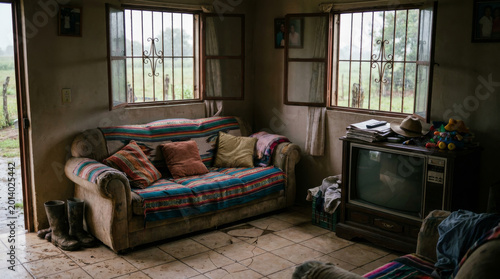  Apartamento real con sala sencilla y desgastada, sofá cubierto con manta colorida, televisor antiguo y ventanas con barrotes. El interior transmite una atmósfera auténtica, humilde y cotidiana dentro