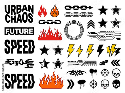 A vibrant collection of urban-themed illustrations featuring graffiti, flames, stars, lightning bolts, and chains on a white background for t-shirt design.