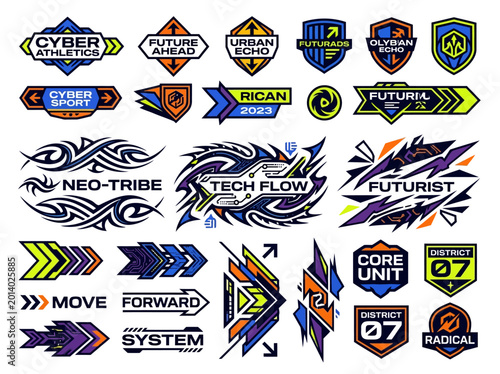 A futuristic streetwear graphic design pack featuring various logos and badges with a cyber, urban, tech, and radical theme in a vector illustration style.