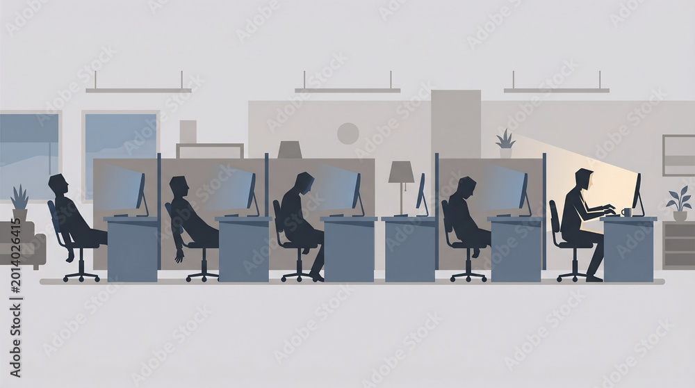 Fototapeta premium Quiet Quitting Disengaged Office Workers Versus Engaged Employee Flat Illustration