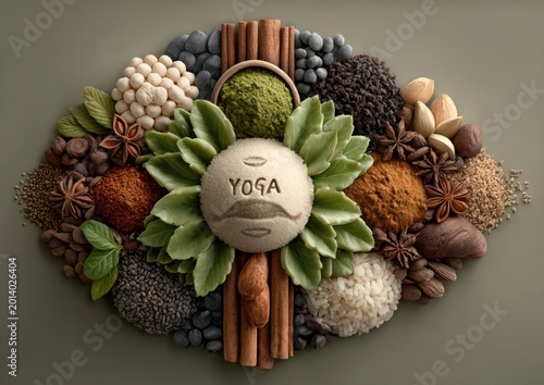 Yoga day visual with symbolic food items in the center, expressing unity