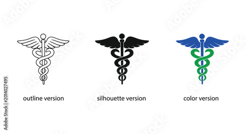 Medical Caduceus Symbol Icon Set In Outline Silhouette And Color Style On White Background